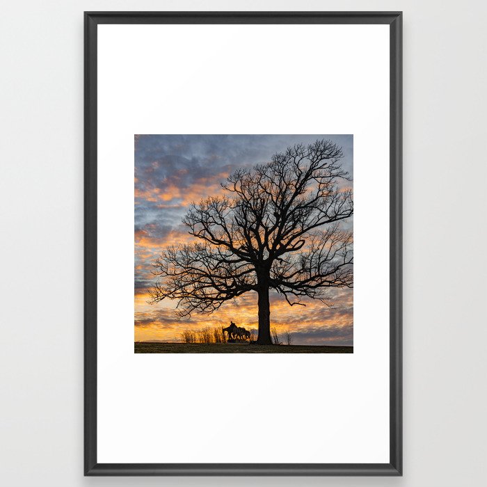 Winter Tree Sunset Silhouette and Pioneer Womens Monument - Kansas City Framed Art Print