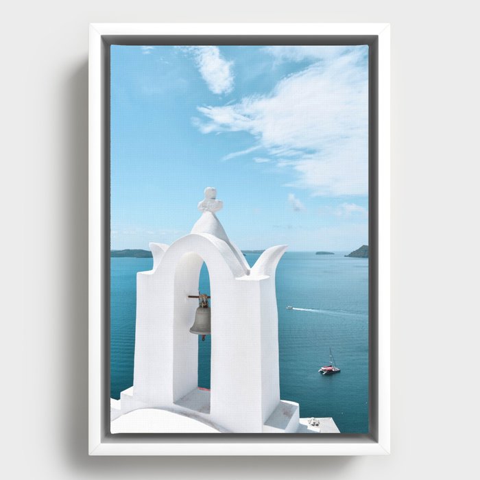 Blue and White Santorini Church Bell Tower, Caldera View in the Village of Oia, Travel Greece Framed Canvas