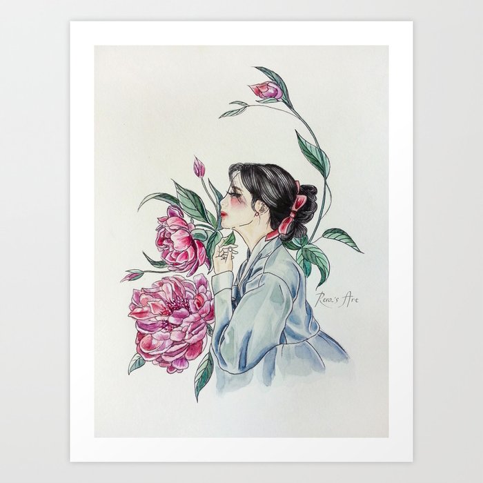 Peonies Hanbok girls Watercolor Art Print by Rera Artist Society6