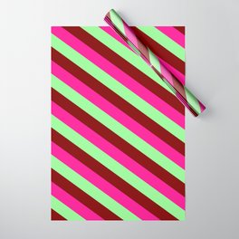 [ Thumbnail: Deep Pink, Green & Maroon Colored Striped Pattern Wrapping Paper ]