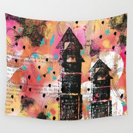 Coral, pink, yellow and black digital abstract whimsical house design Wall Tapestry