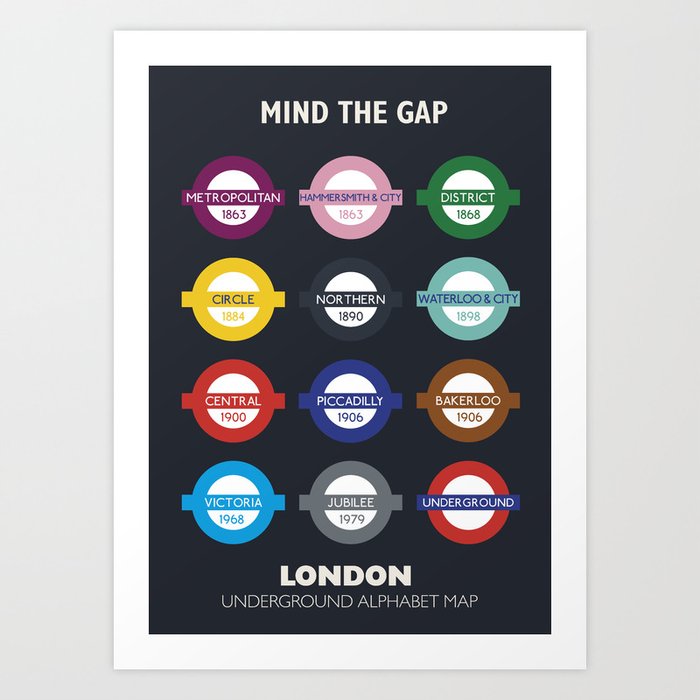 London subway poster, metro alphabet map, underground sign, London tube Art Print