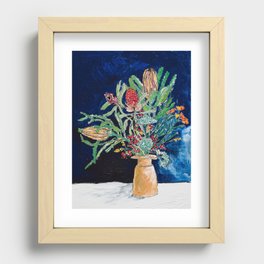 Yellow and Red Australian Wildflower Bouquet in Pottery Vase on Navy, Original Still Life Painting Recessed Framed Print