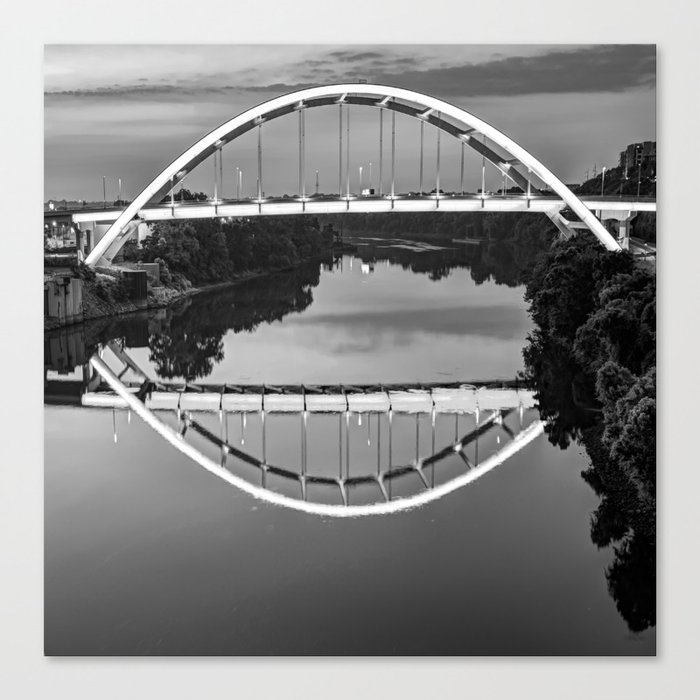 Nashville Tennessee Bridge Reflections On The Cumberland - Black And White Canvas Print