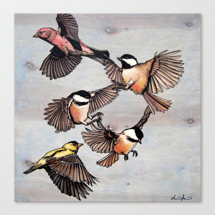 Flying Finches and Chickadees Canvas Print