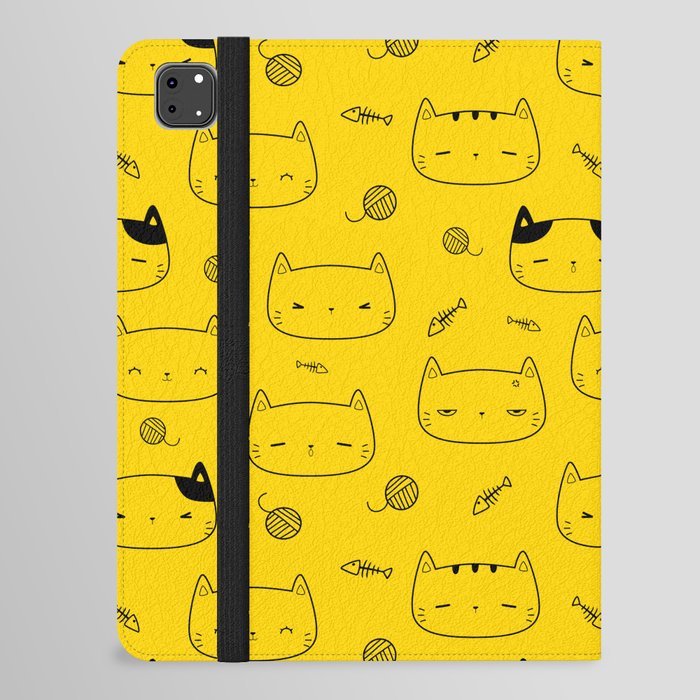 Yellow and Black Doodle Kitten Faces Pattern iPad Folio Case