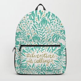 Adventure is Calling – Turquoise & Gold Palette Backpack | Typography, Quote, Lettering, Acrylic, Nature, Cursive, Catcoq, Travel, Type, Gold 