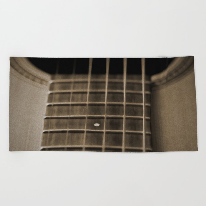 acoustic guitar fretboard, sepia - oil painting Beach Towel