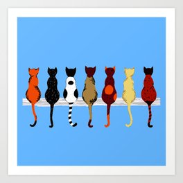 Cat Fence Sitters (Blue) Art Print