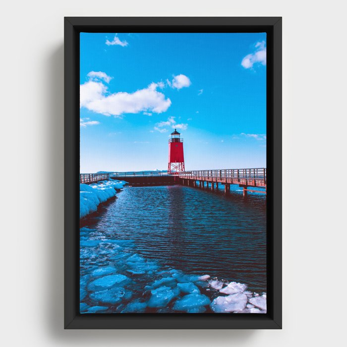 Winter day at the Charlevoix Michigan Lighthouse Framed Canvas