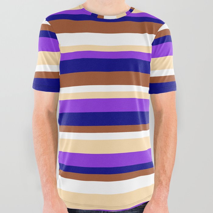 Eyecatching Tan, Purple, Blue, Sienna & White Colored Lines/Stripes Pattern All Over Graphic Tee