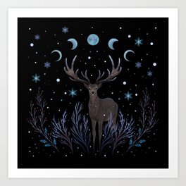 Deer in Winter Night Forest Art Print
