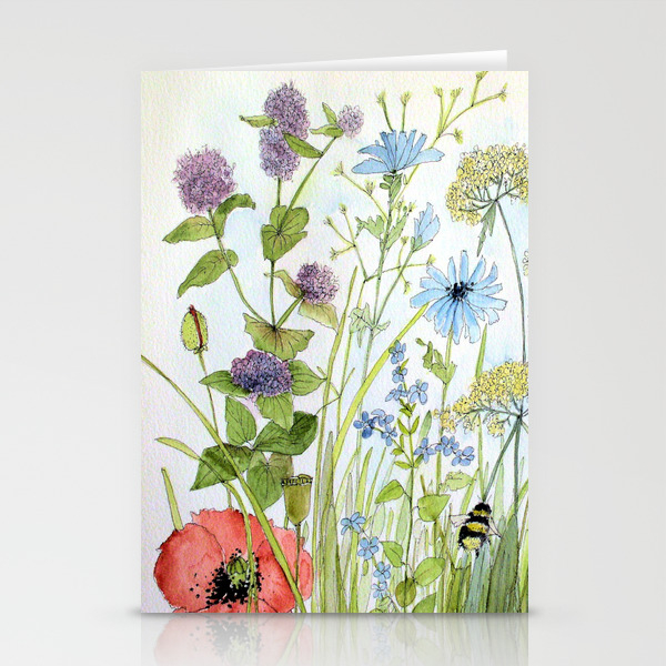 Floral Watercolor Botanical Cottage Garden Flowers Bees Nature Art by Between The Weeds on Laptop 