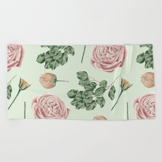 Rose Garden Delight Mint Green + Pink Beach Towel