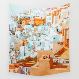 Santorini Vacay | Greece Summer Travel Architecture Buildings | Pastel Beachy Cityscape Photography Wall Tapestry