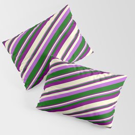 [ Thumbnail: Orchid, Dark Green, Purple, and Light Yellow Colored Stripes Pattern Pillow Sham ]
