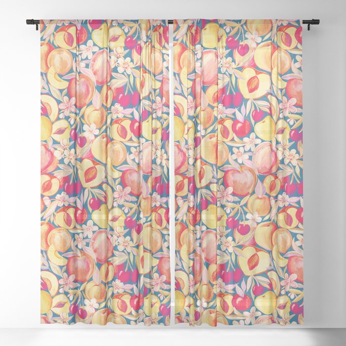 Retro Summer Cherries, Peaches and Apricots Sheer Curtain