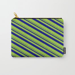 [ Thumbnail: Dark Blue & Green Colored Stripes Pattern Carry-All Pouch ]