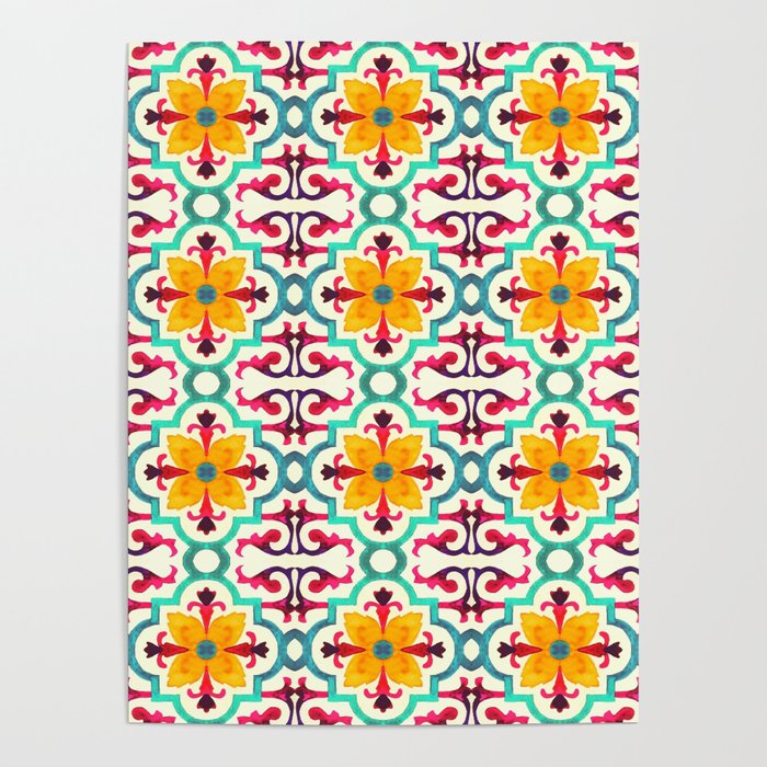 Geometric Traditional Oriental Floral Antique Andalusian Moroccan Zellige Tiles Style  Poster