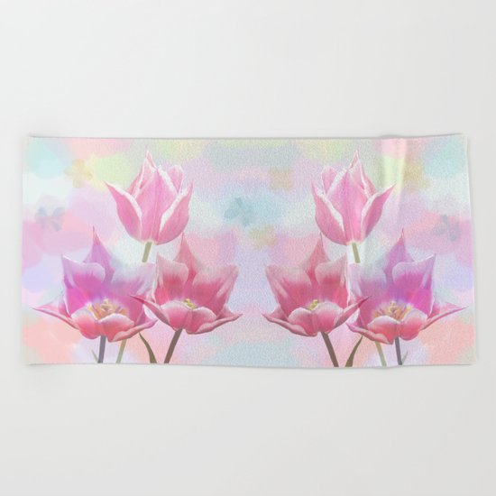 Painterly pastel spring with tulips Beach Towel