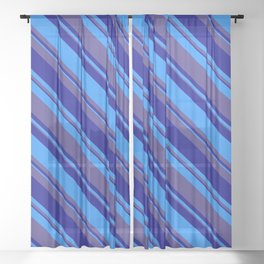 [ Thumbnail: Dark Slate Blue, Dark Blue & Blue Colored Stripes Pattern Sheer Curtain ]
