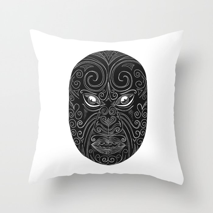 Maori Mask Scratchboard Throw Pillow