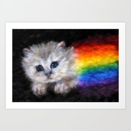 A kitten under rainbow colored blanket print Art Print