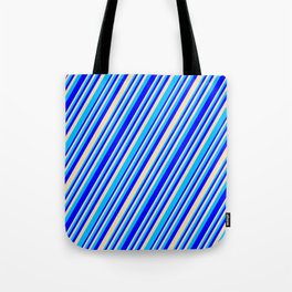 [ Thumbnail: Blue, Tan, and Deep Sky Blue Colored Lined/Striped Pattern Tote Bag ]
