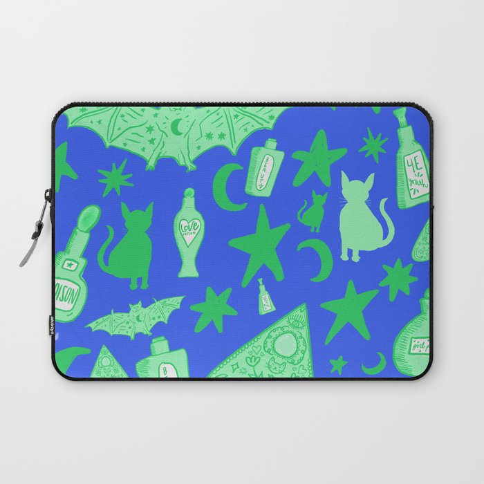 Witchy Halloween Doodles, Green over Blue Laptop Sleeve