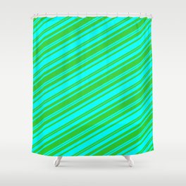 [ Thumbnail: Lime Green & Cyan Colored Stripes Pattern Shower Curtain ]