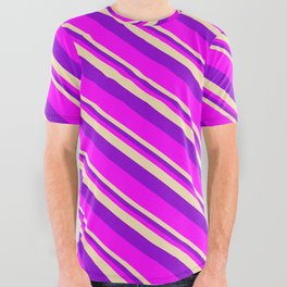 [ Thumbnail: Tan, Dark Violet & Fuchsia Colored Lines Pattern All Over Graphic Tee ]