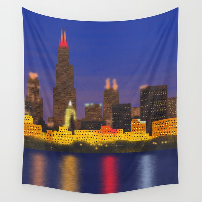 Chicago Shoreline at Night Wall Tapestry by WickedRefined Studio  Society6