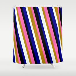 [ Thumbnail: Vibrant Hot Pink, Dark Goldenrod, Mint Cream, Dark Blue & Black Colored Pattern of Stripes Shower Curtain ]