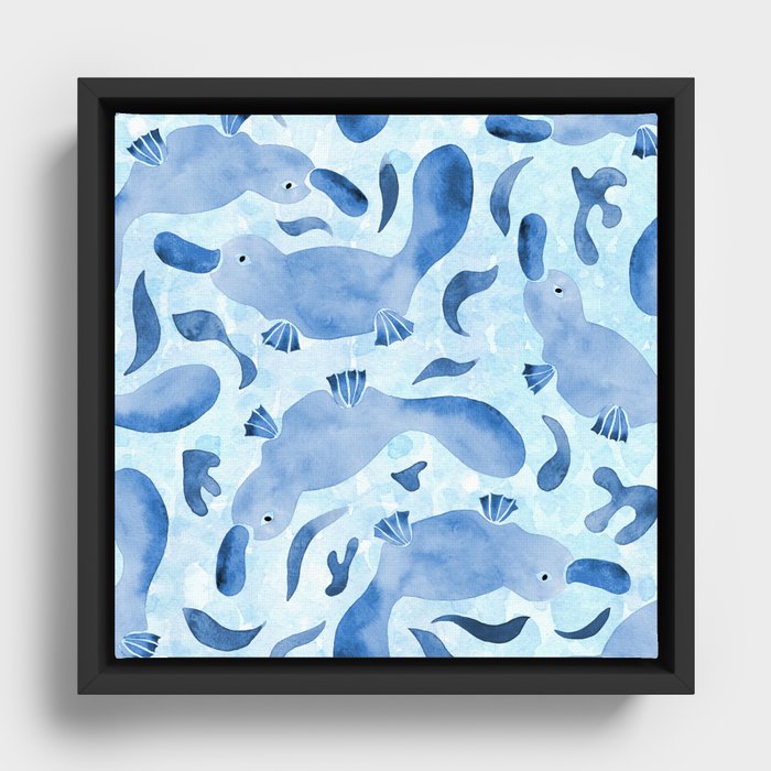 Watercolor Swimming Platypus | Blue  Framed Canvas