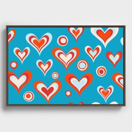 Stylized concentric hearts and circles on blue background, seamless pattern Framed Canvas