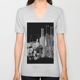 Black and White Graphic Art Composition Of Grapes, Wine Glasses, and Bottles V Neck T Shirt