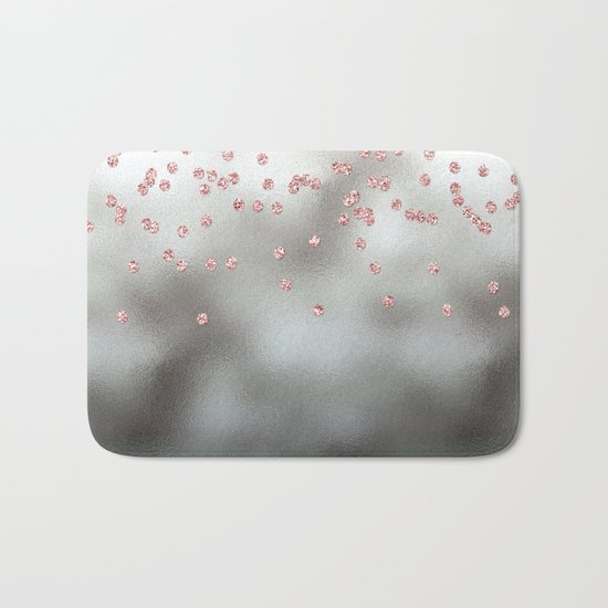 Rosegold pink glitter confetti on silver metal background Bath Mat