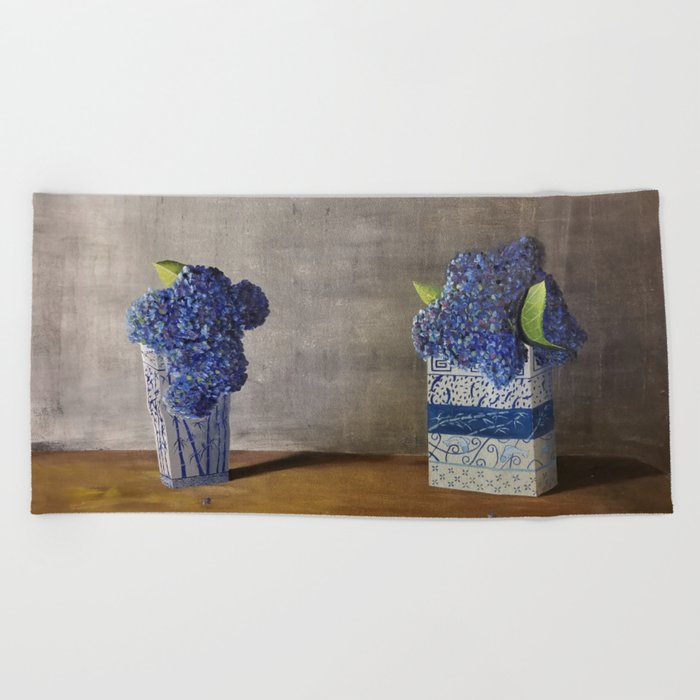 Blue Hydrangeas in Unique Chinese Vases Beach Towel