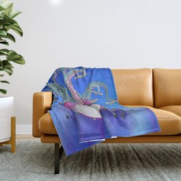 Octopus Playing Drums - Blue Throw Blanket