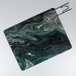 Abstract Pour Painting Liquid Marble Abstract Dark Green Painting Gold Accent Agate Stone Layers Picnic Blanket