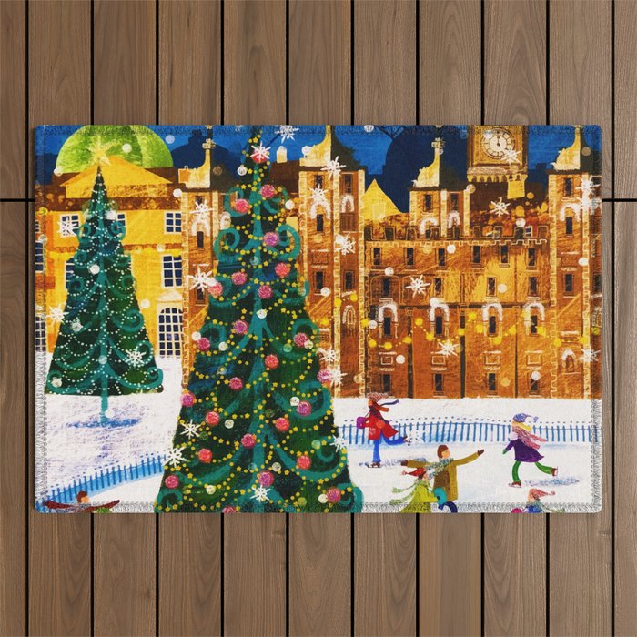 Gold Pink Christmas Winter Ice Skating Outdoor Rug by nguyen-duc