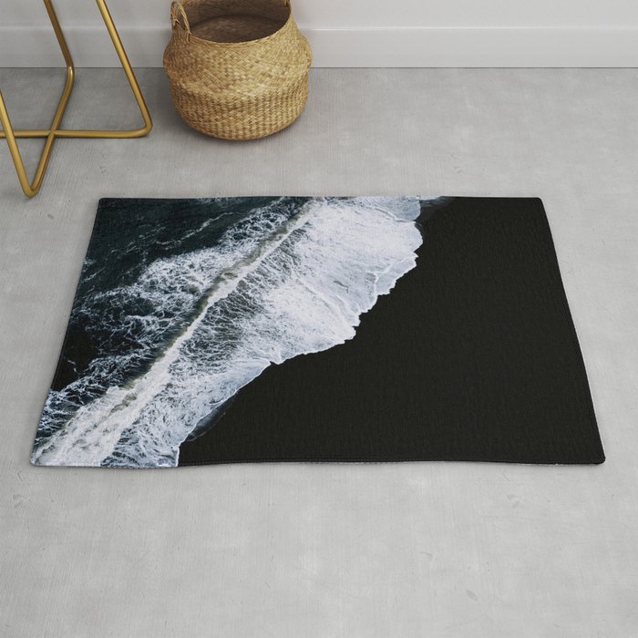 Waves crashing on a black sand beach – Minimal Landscape Photography Rug