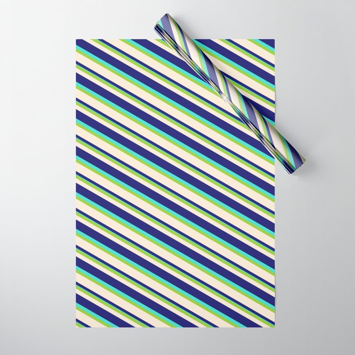 Green, Beige, Midnight Blue & Turquoise Colored Lined/Striped Pattern Wrapping Paper