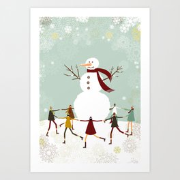 Snowman and children Art Print | Kids, Multiethnic, Ringaroundtherosy, Celebration, Community, Togetherness, Holidays, Christmas, Children, Graphicdesign 