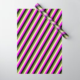 [ Thumbnail: Pale Goldenrod, Fuchsia, Black & Green Colored Lined/Striped Pattern Wrapping Paper ]