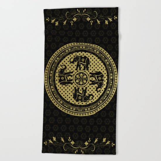 Indian Elephants Flourish Black Gold Beach Towel