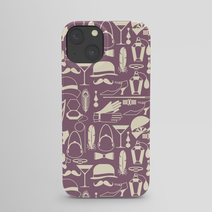 White Fashion 1920s Vintage Pattern on Dark Purple iPhone Case