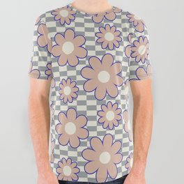Simple Retro Flowers on Alternative Checkerboard (Muted Neutral Colors) All Over Graphic Tee