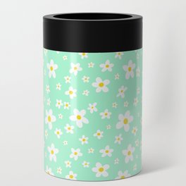 Daisy Pattern over Bright Pastel Green Can Cooler