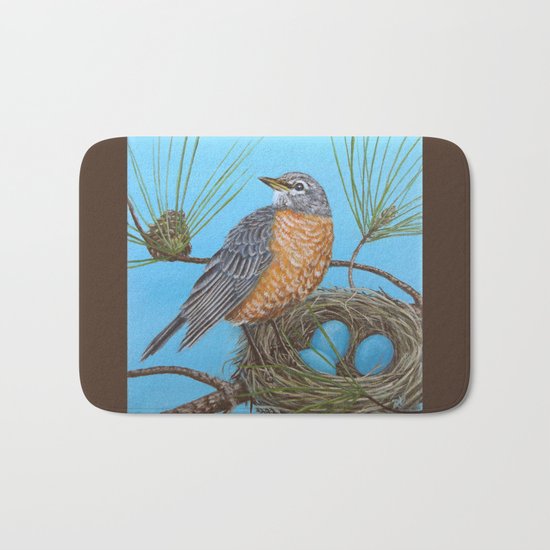 Robin with nest in Georgia pine tree Bath Mat